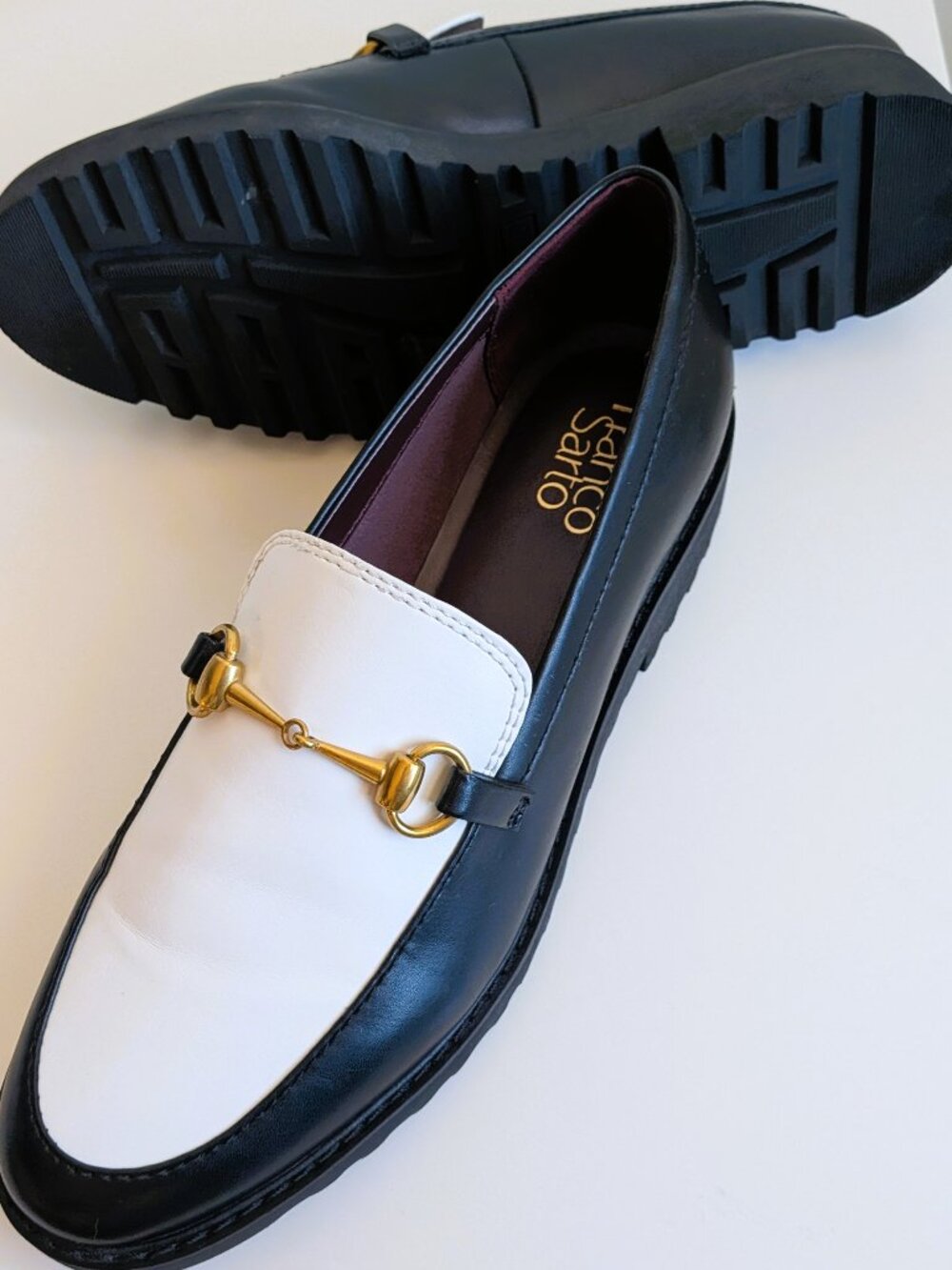 NWOT Franco Sarto Lug Sole Loafers Black and White with Gold trim, Sz 9 - Picture 5 of 6